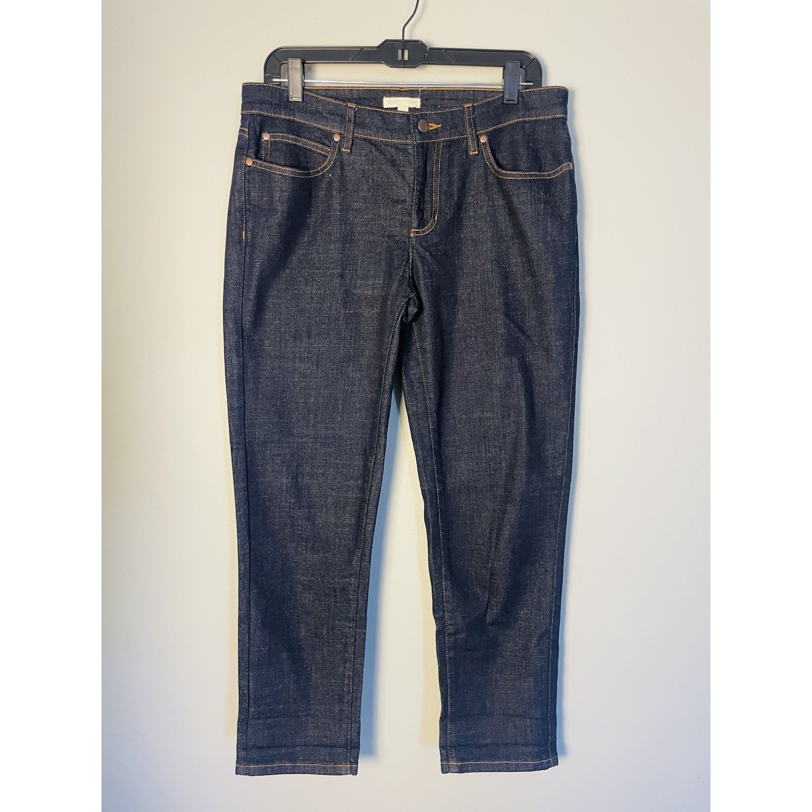 Eileen Fisher Organic Cotton Dark Denim Slim Fit Straight Mid-Rise Jeans. 10p.